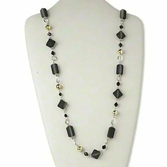 Handcrafted Long Black Gold and Silver Geometric Beads Necklace - Picture 1 of 1